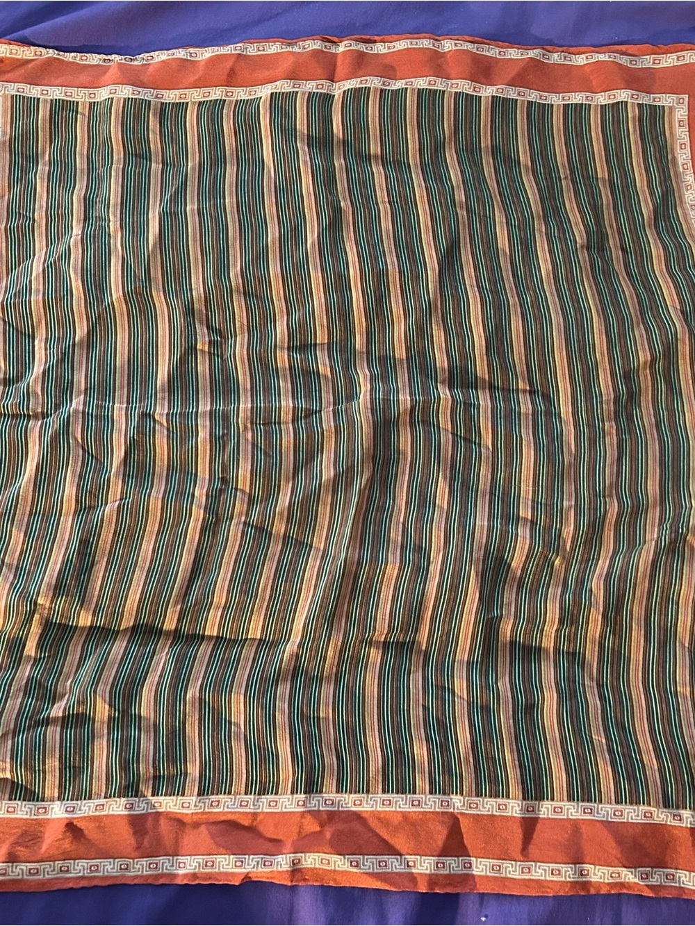 Albert Nipon Striped Silk Scarf in Rust, Green, Black and Cream